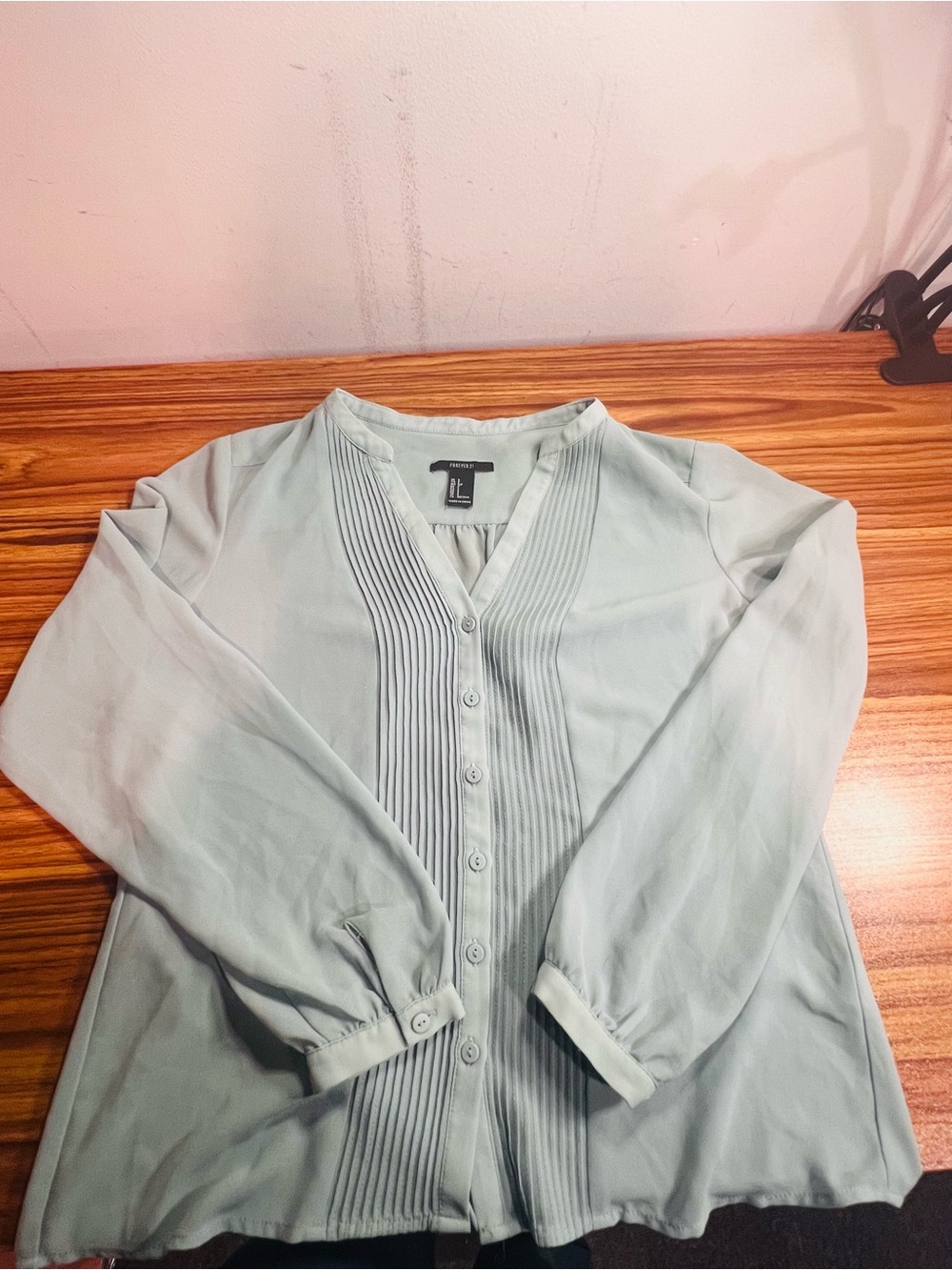 Forever 21 Light Sage Pintuck V-Neck Blouse